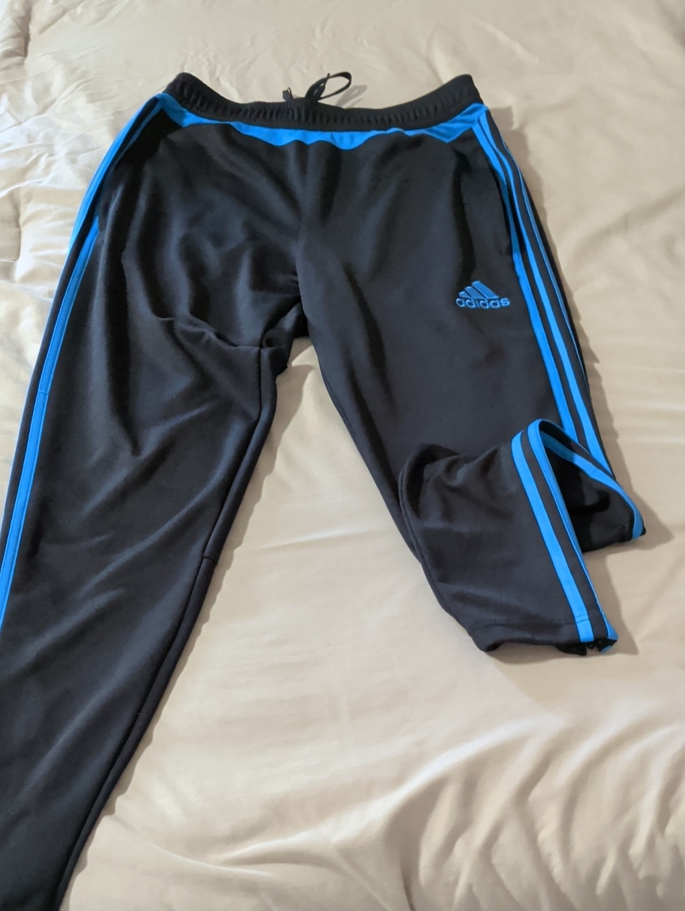adidas Mens Black Joggers with Bright Blue Stripes